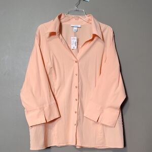 Dressbarn Orange/Peach Long Sleeve Full Button Side Pleat Blouse 22/24W 3X NWT